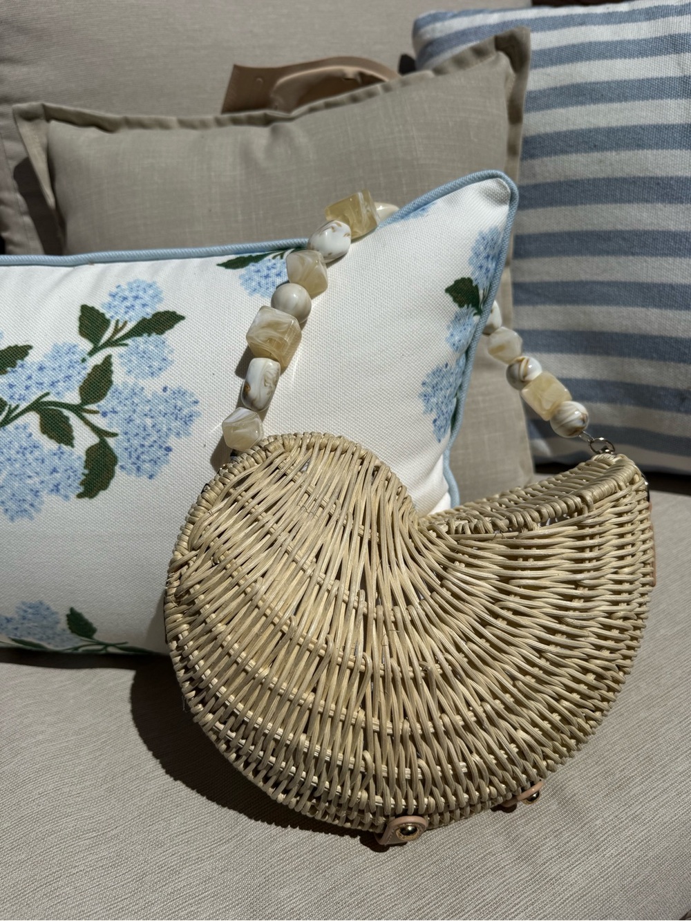 Woven Seashell Rattan Shoulder Bag with Beaded Strap - Natural